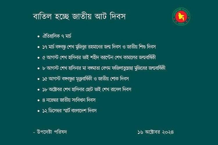 ১৫ আগস্টসহ বাতিল হচ্ছে জাতীয় আট দিবস